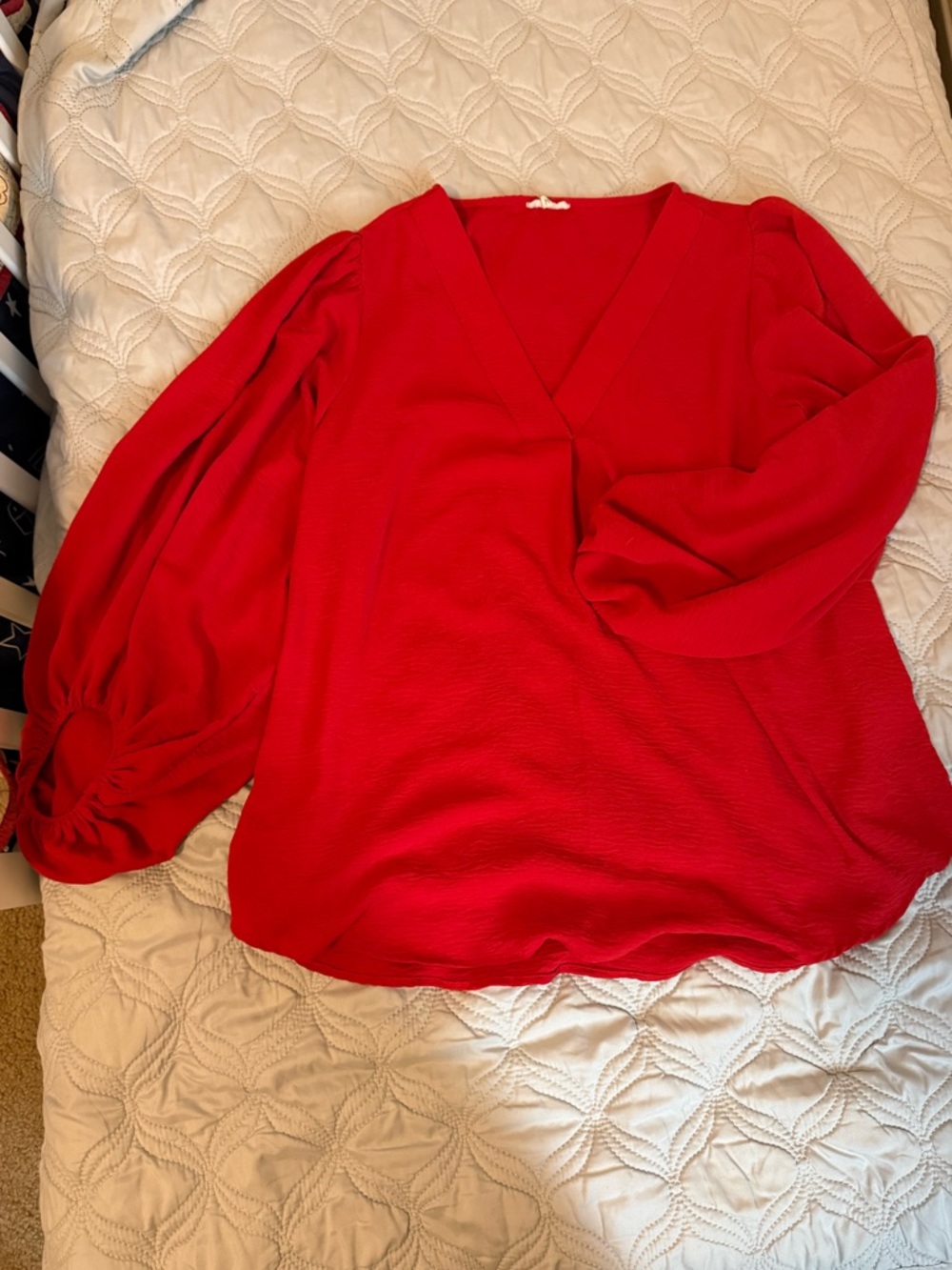 Red Blouse Size Medium Puff Sleeve V Neck Top